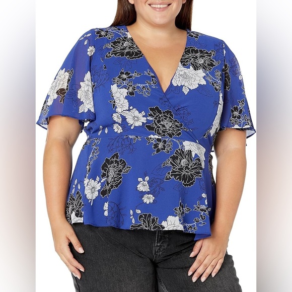 New City Chic La Fleur Blue Floral Blouse XXL Flutter Sleeve Faux Wrap Chiffon - Picture 1 of 11